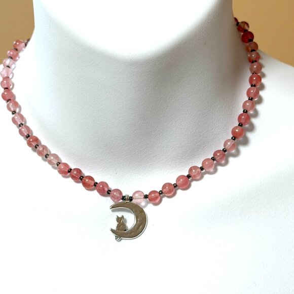 Cherry Quartz Short Necklace with Silver Cat on the Moon Pendant - Picture 2 of 13